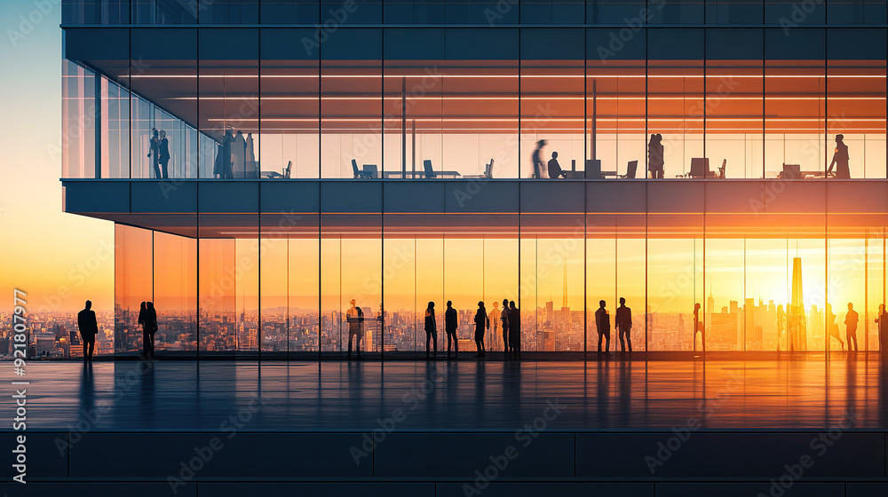Fototapeta premium Modern office building with sleek glass windows showcasing silhouettes of people inside, standing and walking, set against a city skyline at sunset, capturing urban life and architectural elegance.