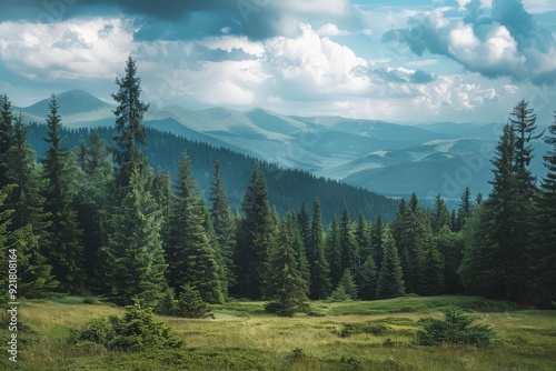 Beautiful mountain landscape with dark green pine tree forest, after rain and copy space background