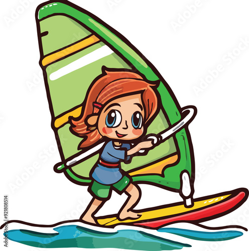 coloring page features a simple drawing of red green with baby girl playing windsurfing vector 