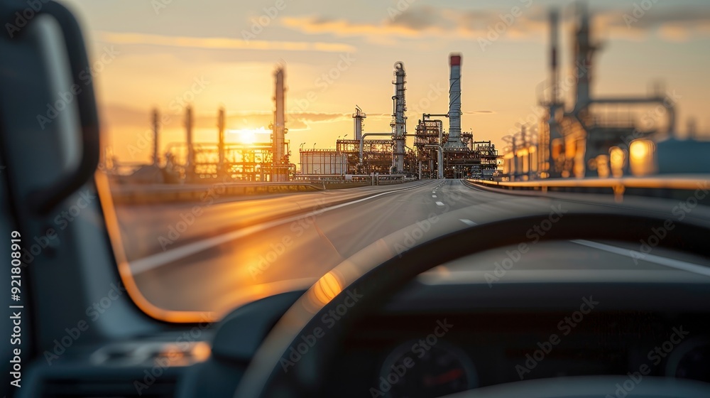 Scenic view from inside a vehicle driving towards an industrial area at sunset, showcasing silhouettes of oil towers. Scenic view from inside a vehicle driving towards an industrial area at sunset, showcasing silhouettes of oil towers.