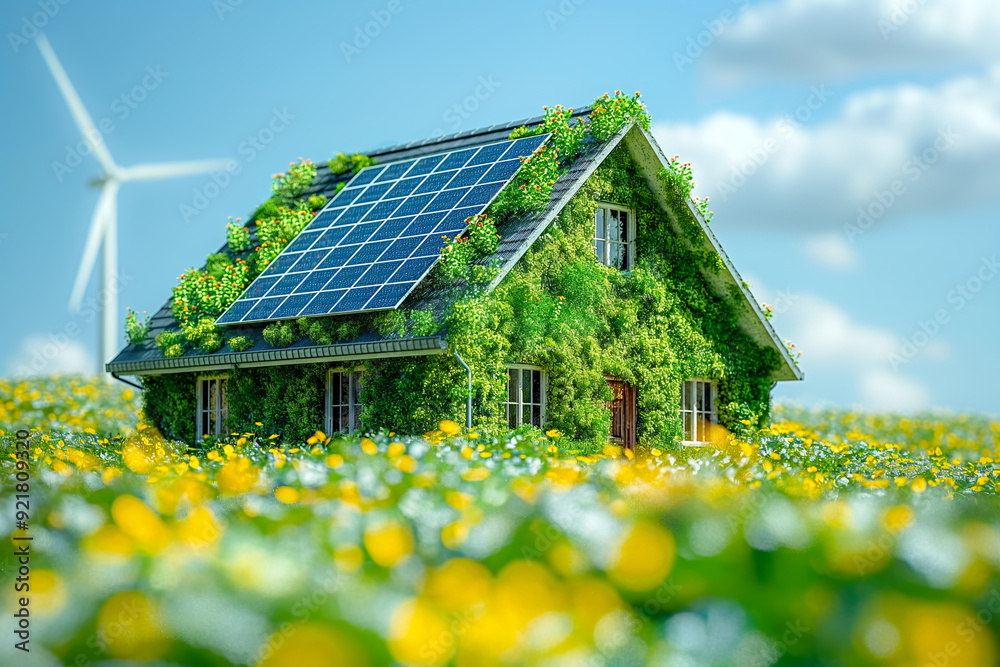 House on the roof with solar panels installed around a field with rapeseed House on the roof with solar panels installed around a field with rapeseed