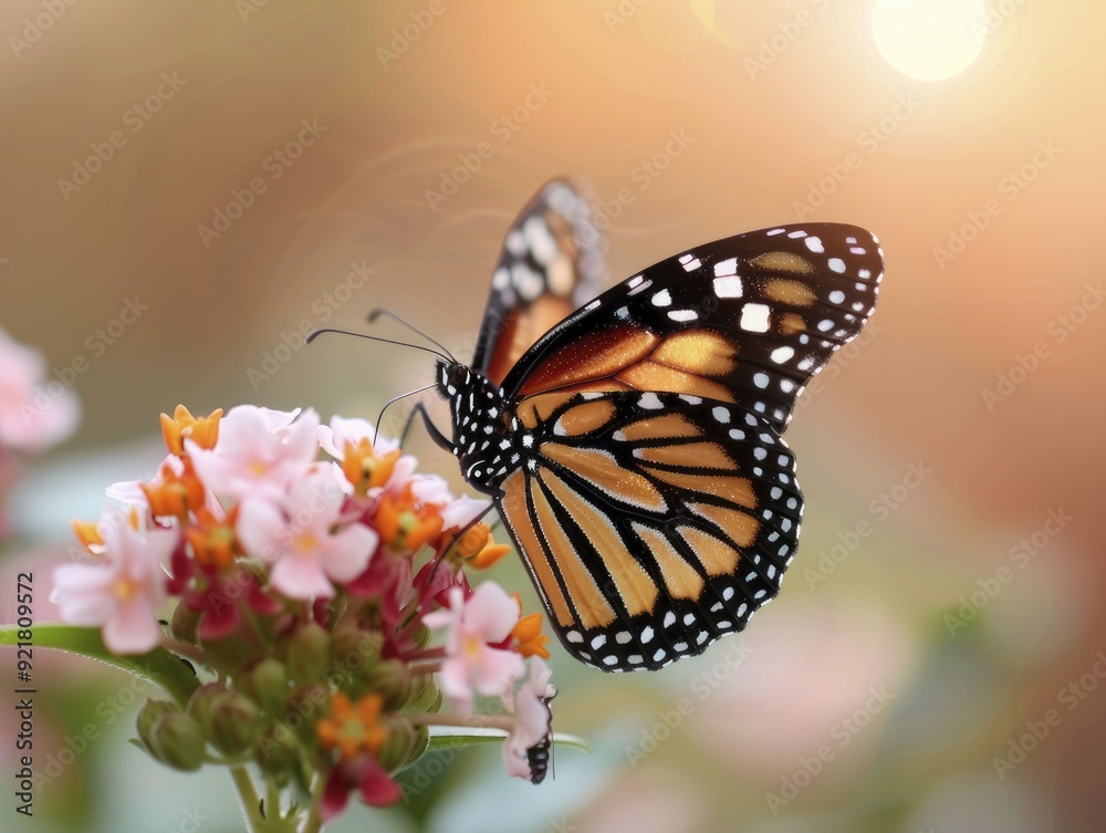 Fototapeta premium A gorgeous butterfly settles on a bloom, its fragile wings and vivid hues painting a breathtaking picture of nature's artistry.