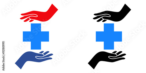 Símbolo de primeros auxilios. Logo Medical. Silueta de cruz de asistencia sanitaria entre dos manos