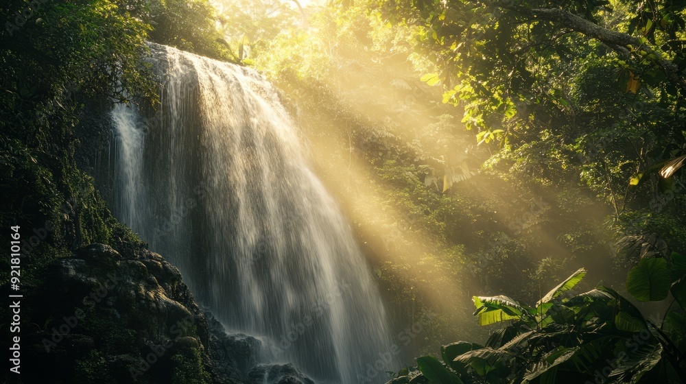 Waterfall in a tropical rain forest, dramatic lighting, sunny, golden hour Waterfall in a tropical rain forest, dramatic lighting, sunny, golden hour