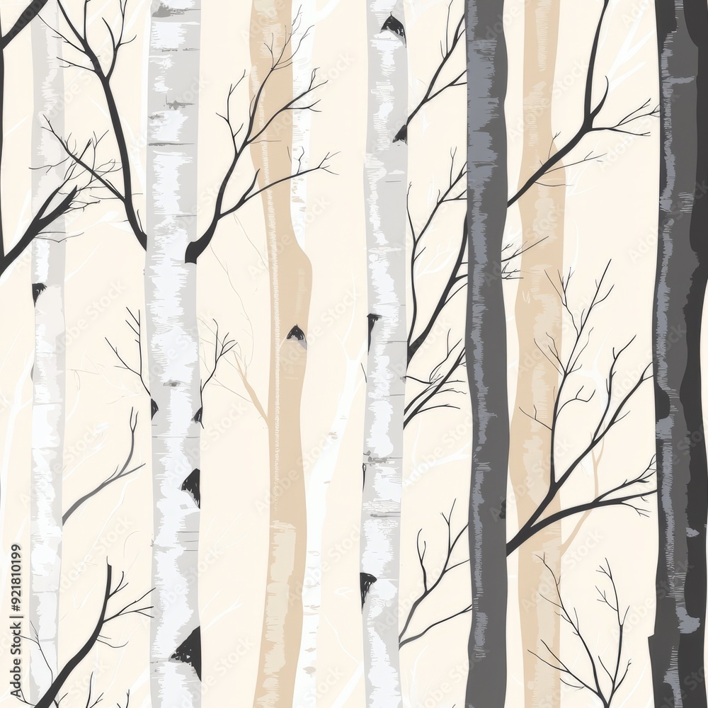 Seamless pattern of pastel birch trees with subtle greys and light beiges