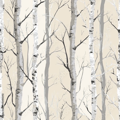 Seamless pattern of pastel birch trees with subtle greys and light beiges