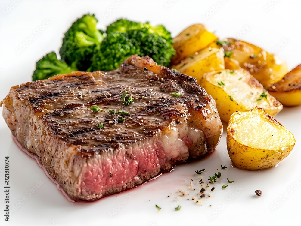 Seared Steak Platter with Roasted Potatoes and Steamed Greens on Minimalist White Background Seared Steak Platter with Roasted Potatoes and Steamed Greens on Minimalist White Background