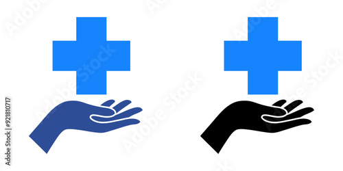 Símbolo de primeros auxilios. Logo Medical. Silueta de una mano palma hacia arriba sujetando una cruz de asistencia sanitaria