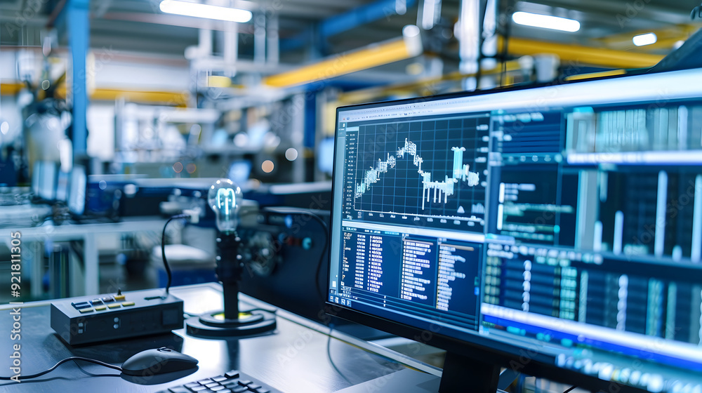 Computer Screen with Stock Market Chart and Data in an Industrial Setting - Photo