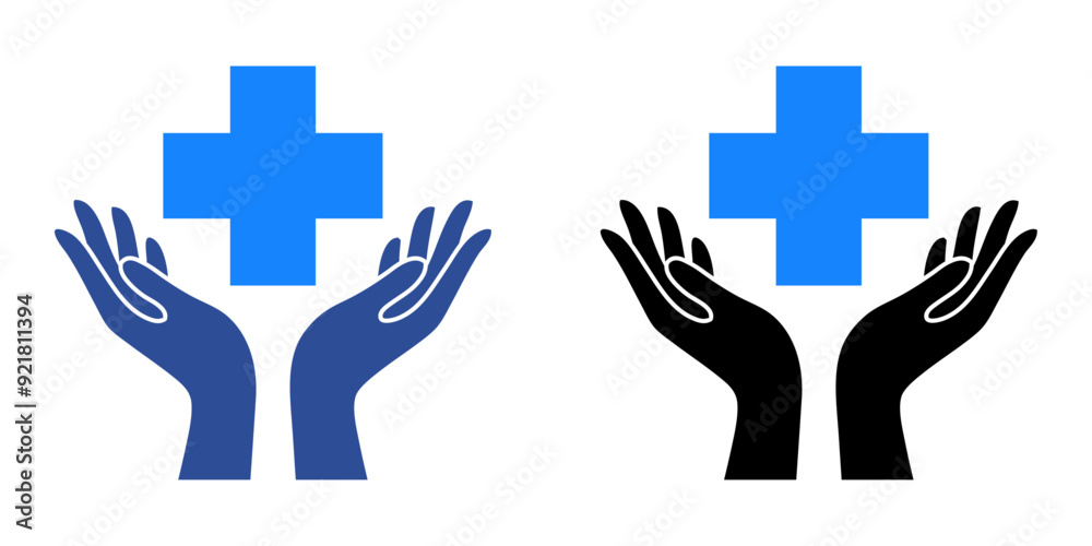 Símbolo de primeros auxilios. Logo Medical. Silueta de dos manos palma hacia arriba sujetando una cruz de asistencia sanitaria