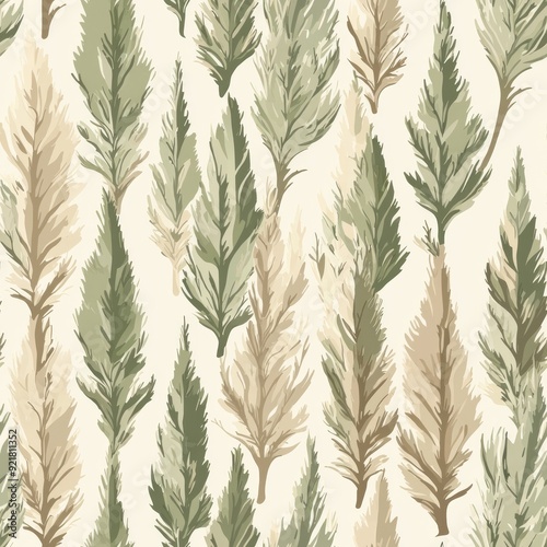 Seamless pattern of pastel cypress tree textures with muted greens and light brownss