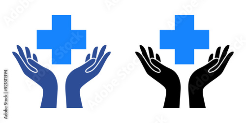 Símbolo de primeros auxilios. Logo Medical. Silueta de dos manos palma hacia arriba sujetando una cruz de asistencia sanitaria