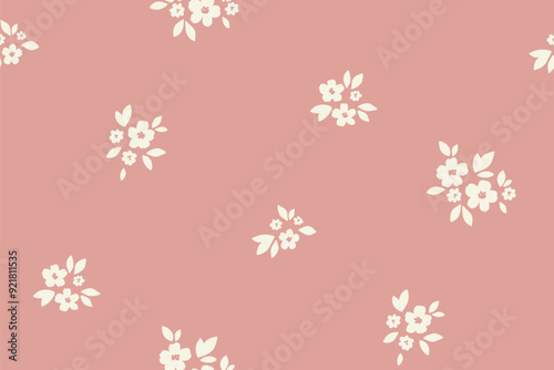 Seamless floral pattern, liberty ditsy print, simple abstract flower ornament. Cute botanical design: small hand drawn flowers, tiny leaves, pretty mini bouquets on pink Two colors vector illustration
