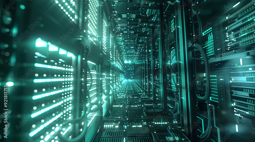 Fototapeta premium Futuristic Server Room 3D Illustration - Glowing Green Lights and Technology