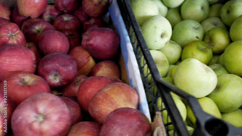 Different varieties of apples. Harvest of red and green apples. Boxes with different varieties of fruits Different varieties of apples. Harvest of red and green apples. Boxes with different varieties of fruits