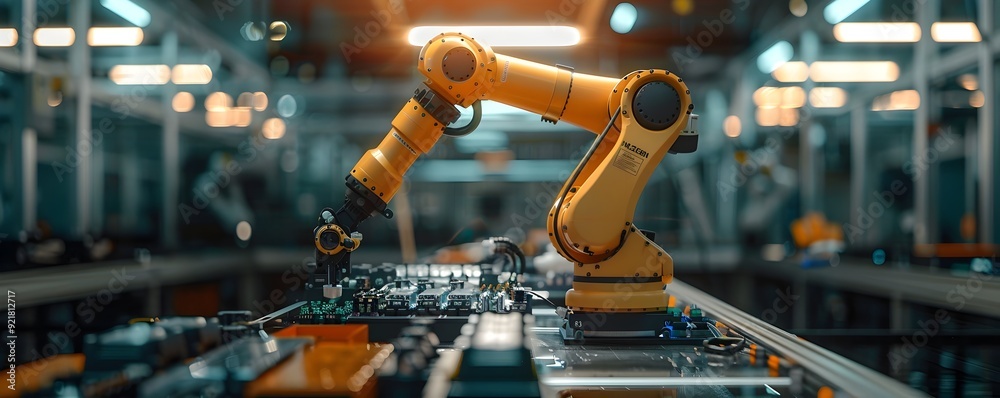 Robotic Arm Assembling Electronics with Precision in High Tech Manufacturing Facility Robotic Arm Assembling Electronics with Precision in High Tech Manufacturing Facility