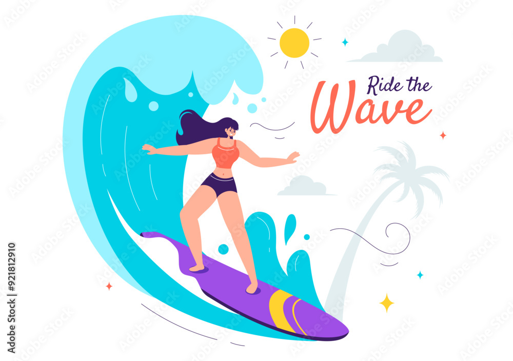 Summer Surfing Vector Illustration of Water Sports Activities, Featuring Surfboards Riding Ocean Waves or Floating in a Flat Style Cartoon Background Summer Surfing Vector Illustration of Water Sports Activities, Featuring Surfboards Riding Ocean Waves or Floating in a Flat Style Cartoon Background