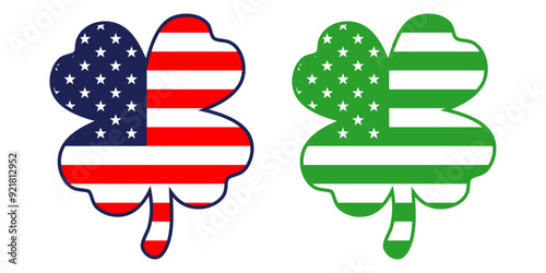 Día de San Patricio. Grupo de trébol de 4 hojas con la textura de la bandera de Estados Unidos de América para felicitaciones y tarjetas