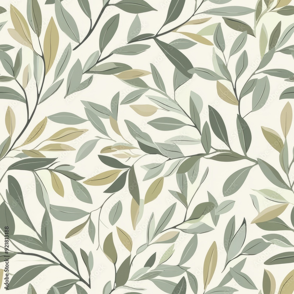 Seamless pattern of pastel olive tree leaves with muted greens and soft greys Seamless pattern of pastel olive tree leaves with muted greens and soft greys
