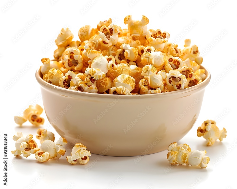 Caramel Popcorn Snack in Bowl on White Background with Copy Space