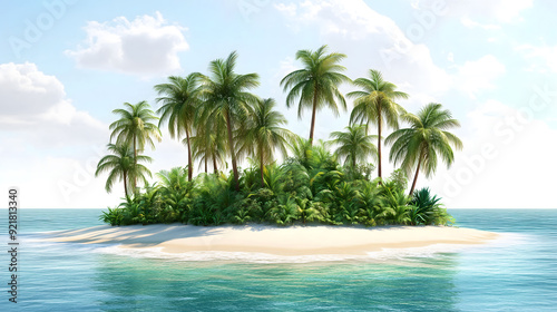 Illustration of a lush tropical island with palm trees and beach isolated