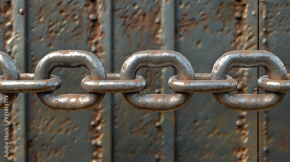 Close-Up of Rusty Chain Link Against Weathered Metal Background for Industrial Themes Close-Up of Rusty Chain Link Against Weathered Metal Background for Industrial Themes