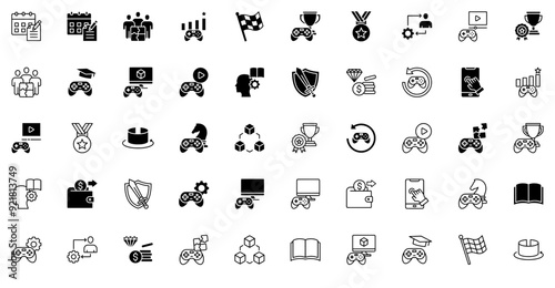 Mega Set Of Vector Gamification Icons Web Header Banner Design Containing Achievement,Gaming,Game,Controller,Honor Set Vector Flat Line Icons