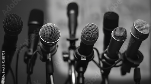 Multiple Microphones Set Up for a Press Conference or Business Meeting