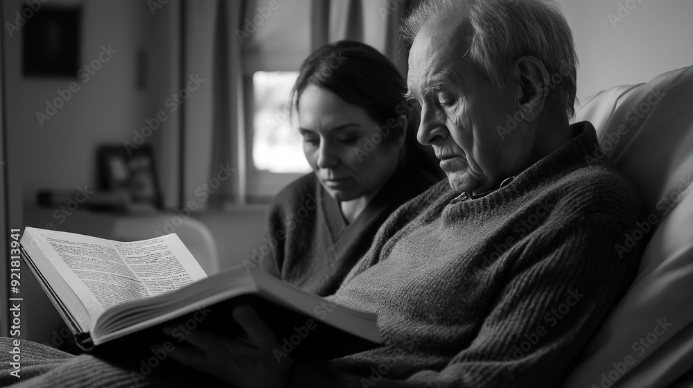 Elderly Man Reading Book with Caregiver in Cozy Home Setting Elderly Man Reading Book with Caregiver in Cozy Home Setting