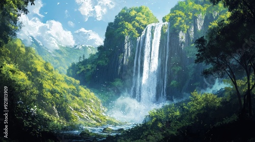Lush Green Forest with Majestic Waterfall Cascading Down a Cliff