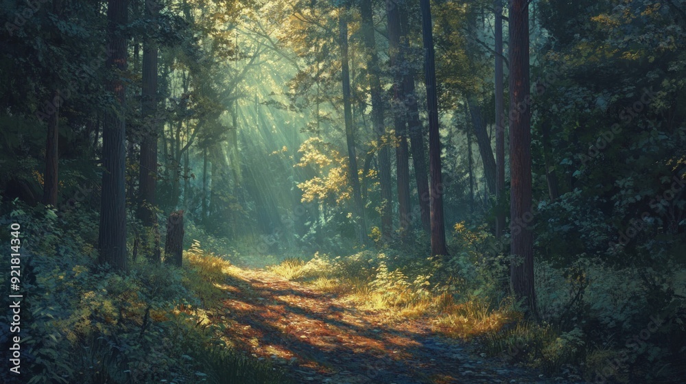 Sunbeams Illuminating a Path Through a Lush Forest