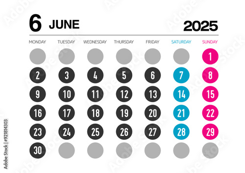 2025年の6月のカレンダー月曜始まり