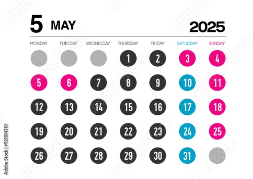 2025年の5月のカレンダー月曜始まり