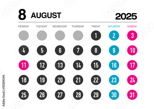 2025年の8月のカレンダー月曜始まり