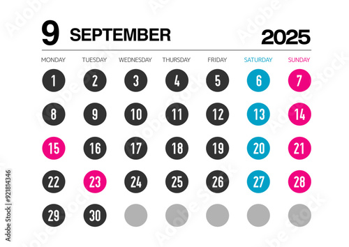 2025年の9月のカレンダー月曜始まり