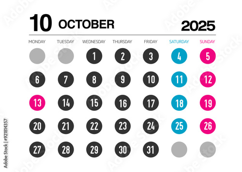 2025年の10月のカレンダー月曜始まり
