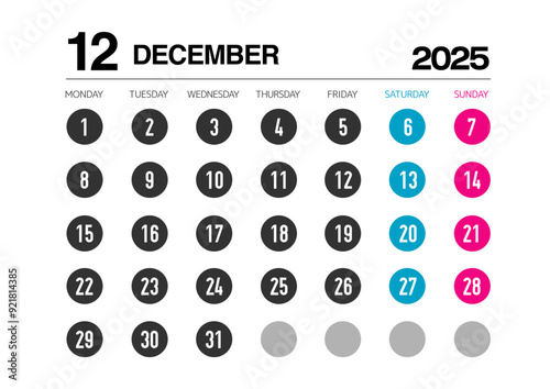 2025年の12月のカレンダー月曜始まり