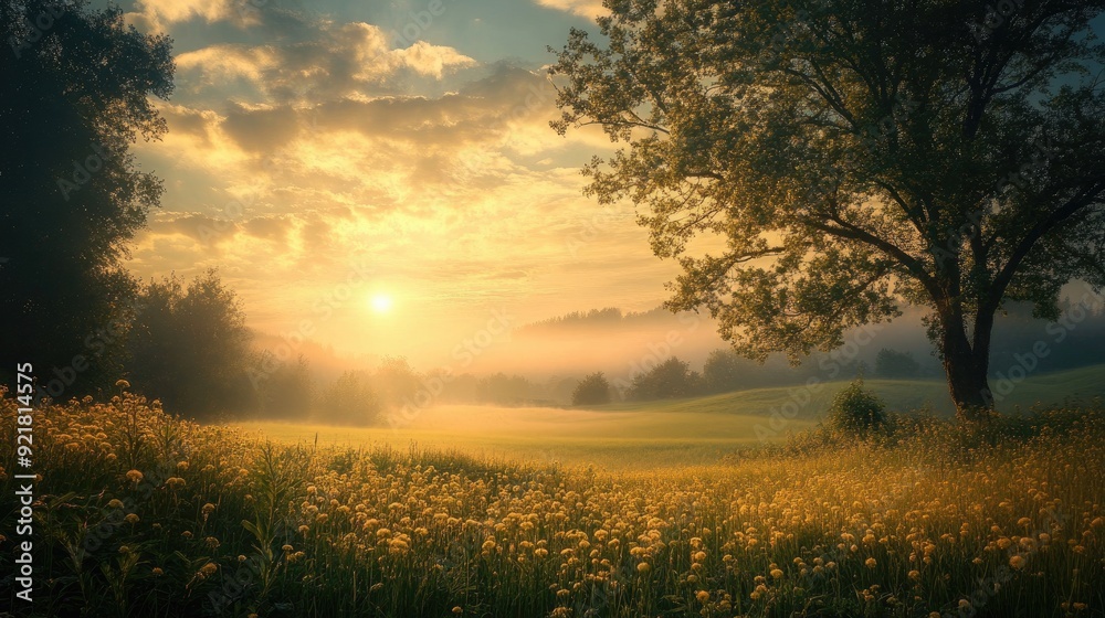 Fototapeta premium The first light of dawn casting a gentle glow over a serene landscape, capturing the essence of faith and renewal