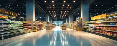 Spacious supermarket with bright lighting and tidy aisles.