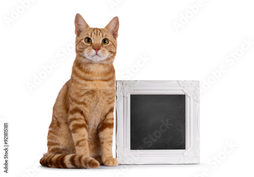 Handsome young purebred  European Shorthair cat, sitting beside with balckboard filled picture frame. Looking straight to camera. Isolated on a white background. photo