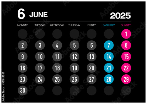 2025年の6月のカレンダー月曜始まり