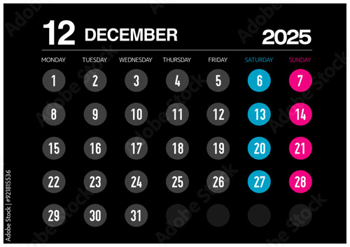 2025年の12月のカレンダー月曜始まり