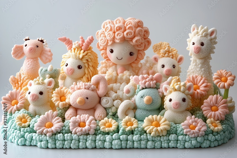 A whimsical collection of cute pastel-colored animal figures surrounded by intricate flower designs. A whimsical collection of cute pastel-colored animal figures surrounded by intricate flower designs.