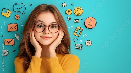 Young Woman with Glasses Surprised by Social Media Icons.