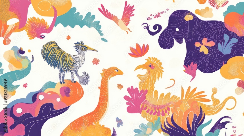 Fototapeta premium Whimsical abstract pattern with auspicious creatures such as tigers, cranes, and elephants, featuring a playful background and space for text