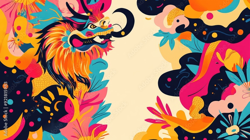 Whimsical abstract pattern with lucky animals such as the lion, dragon, and crane, with a vibrant background and space for text Whimsical abstract pattern with lucky animals such as the lion, dragon, and crane, with a vibrant background and space for text