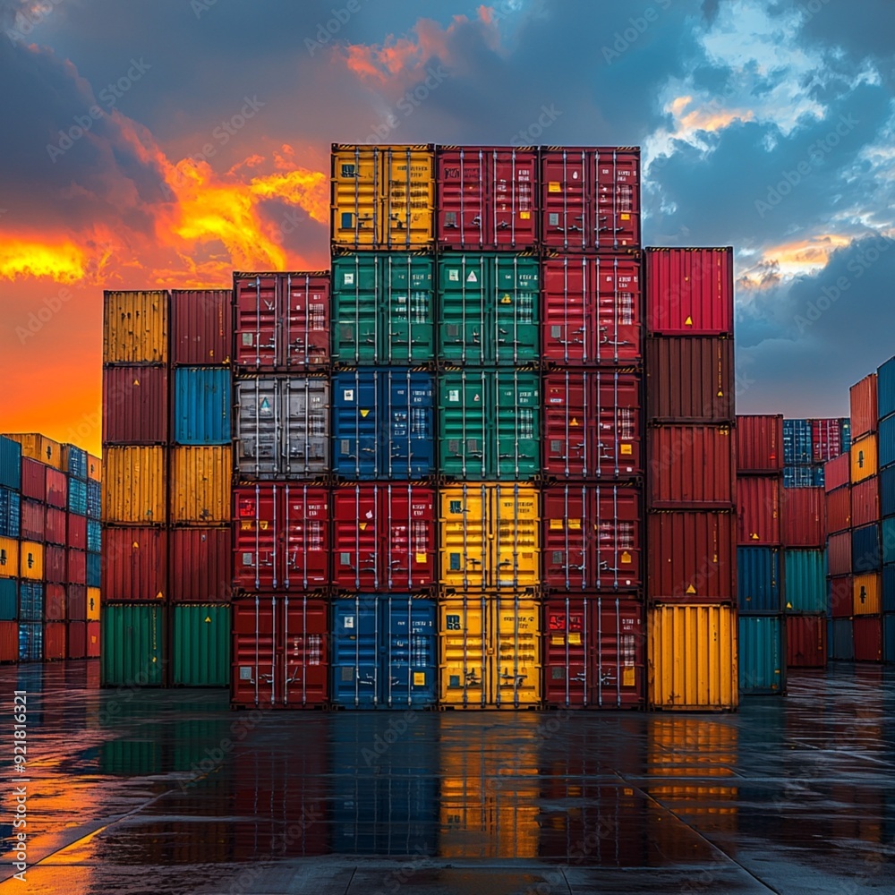 Fototapeta premium Stacked cargo containers in the storage area of freight sea port terminal, concept of export-import and national delivery of goods 