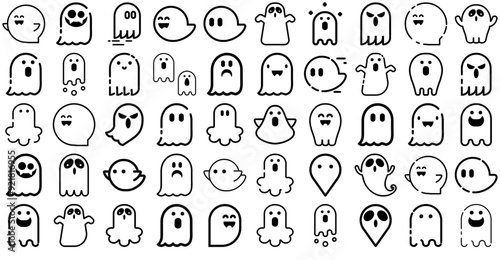 Set Of Linear Ghost Halloween Icons Silhouette Vector Logo Design Containing Phantom,Halloween-Night,Spook,Halloween,Halloween-Theme Outline Icons Collection. Simple Vector Illustration