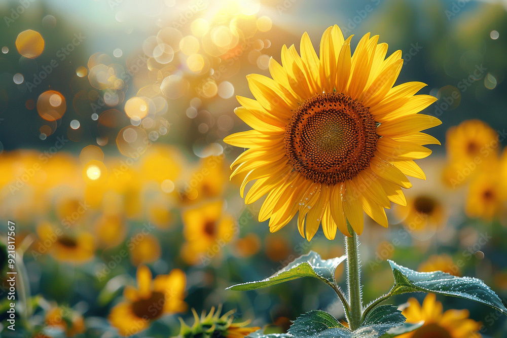 Sunflower on blurred sunny nature background. Horizontal agriculture summer banner with sunflowers field	