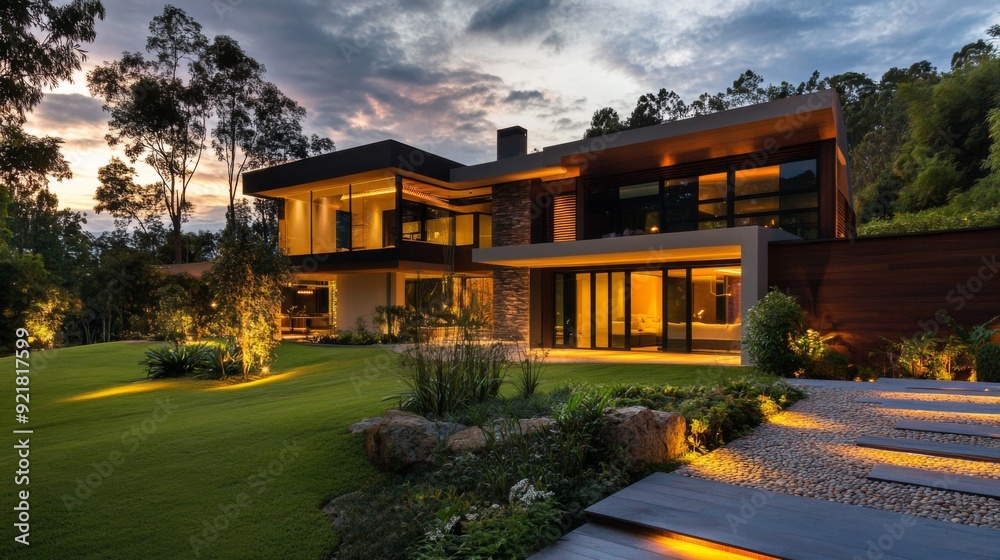 Luxurious modern house exterior at sunset with beautiful landscaping and lighting. Luxurious modern house exterior at sunset with beautiful landscaping and lighting.